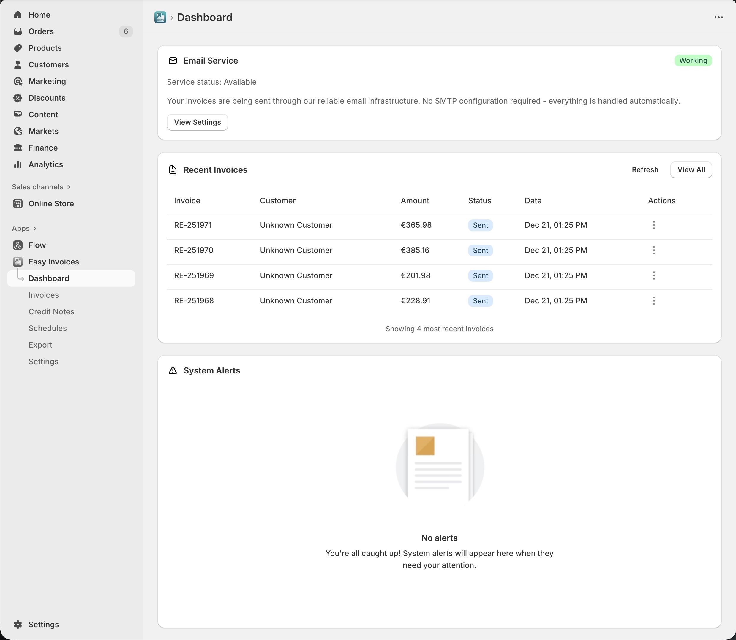 Easy Invoices Dashboard showing invoice management interface